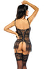 Ladies Gorgeous Black Floral Mesh Lace Satin Ribbon Front Back Lace Up Suspendered Corset & Thong Set