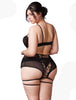 Stunning Sheer Black Mesh Strappy Underwired Bra Lace Up Back Garter Belt Leg Rings & Thong Set