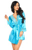 Elegant Smooth Silky Satin Stunning Floral Lace Trim Long Sleeves Short Peignoir Robe & Thong Set One Size
