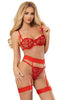 Ladies Beautiful Red Stunning Hearts Lace Underwired Bra Thong & Thigh Band Suspender Belt Set