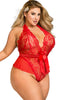 Ladies Fabulous Red Ruffle Mesh Stunning Floral Lace Deep Front Halterneck Low Cut Back Detachable Satin Waist Belt Teddy Body