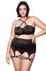 Stunning Sheer Black Mesh Strappy Underwired Bra Lace Up Back Garter Belt Leg Rings & Thong Set