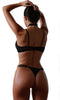 Beautiful Black Underwired Strappy Bra Neck Ring Leg Rings High Waist Garter Belt & Thong Set