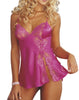 Ladies Fabulous Short Lace Edged Front Slit Floral Lace Bust Strappy Babydoll & Thong Set