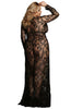 Ladies Stunning Black Floral Lace Eyelash Trim Long Sleeves Long Nightdress Gown & Thong Set