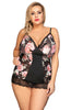 Ladies Stunning Black Floral Panels Big Lace Hem Trim Pretty Bow Sheer Back Babydoll & Thong Set