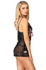 Ladies Stunning Black Floral Panels Big Lace Hem Trim Pretty Bow Sheer Back Babydoll & Thong Set