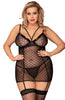 Ladies Elegant Plus Size Sheer Black Criss Cross Mesh Wet Look Trim Suspendered Chemise & Thong Set