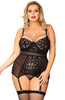 Ladies Fabulous Plus Size Sheer Black Mesh Stunning Lace Front Underwired Cup Suspendered Chemise & Thong Set