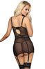 Ladies Fabulous Plus Size Sheer Black Mesh Stunning Lace Front Underwired Cup Suspendered Chemise & Thong Set