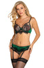 Ladies Stunning Emerald Green Satin Black Eyelashes Lace Trim Underwired Cup Bra & Suspendered Brief Set