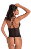 Ladies Charming Black Sheer Mesh V Shape Lace Trimmed Front Criss Cross Back Crotchless Teddy Body
