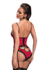 Ladies Gorgeous Red Soft Black Polka Dot Sheer Mesh Pretty Lace Trim Suspendered Corset & Thong Set