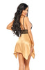 Beautiful Gold Satin Black Lace Bust Pretty Bow Chemise & Thong Set