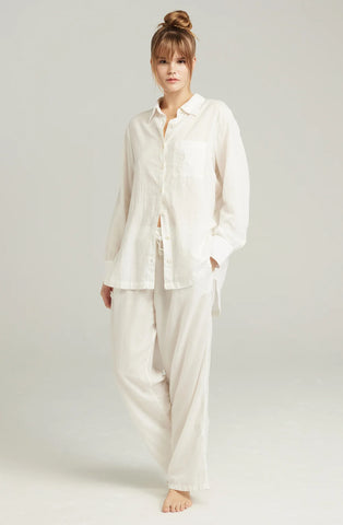 Ladies White Organic Cotton Front Pocket Embroidery Mother Of Pearl Buttons Relaxed Fit 100% OEKO-TEX Certified Cotton Sleepwear Shirt