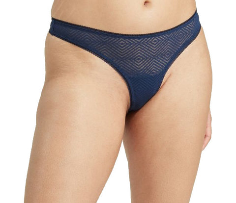 Ladies Navy Art Deco Geometric Pattern Recycled Lace Lightweight Luxurious Sheer Thong