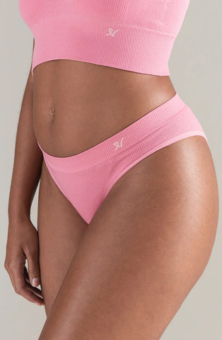 Ladies Seamless Pink Flattering High Leg Style Semi Coverage Back Super Soft Ribbed Material Sustainably Made With Tencel Soft Brief