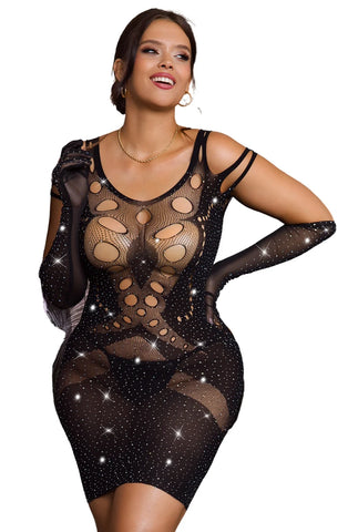 Ladies Gorgeous Sexy Black Stretchy Sheer Mesh Big Holes Sleevles Diamante Bodystocking Dress