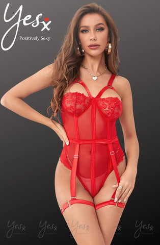 Ladies Beautiful Red Sheer Mesh Stunning Floral Lace Elastica Underwired Bra Cups Adjustable Suspender Legs Straps Bodysuit Teddy Body