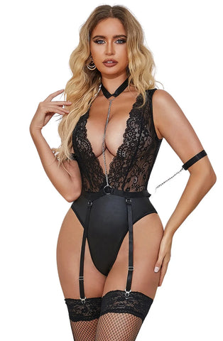 Ladies Gorgeous Black Faux Leather Stunning Floral Lace Deep V-Neck Low Cut Back Chain Kit Suspendered Teddy Body