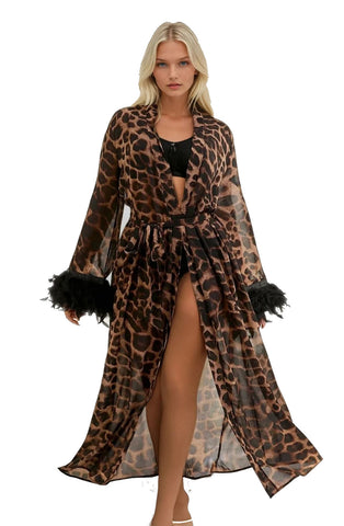 Elegant Sheer Lightweight Breatable Animal Print Feather Cuffs Sleeves Long Robe