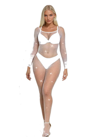 Stunning White Fishnet Sheer Stretchy Sparkling Diamante Long Sleeves Crotchless Bodystocking