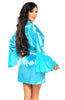 Elegant Turquoise Luxurious Soft Satin Wide Flared Sleeves Lace Side Short Robe Dressing Gown & Thong Set One Size