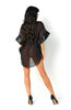 Stunning Black Delicate Transparent Satin Finish Short Wide Sleeves Loose Fit Chemise & Thong Set