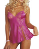 Ladies Fabulous Short Lace Edged Front Slit Floral Lace Bust Strappy Babydoll & Thong Set