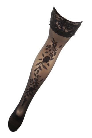 Ladies Stunning Sexy Sheer Back Floral Print Wide Lace Top Bridal Hold Ups Black White Or Ivory
