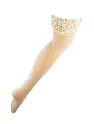 Ladies Stunning Sexy Sheer Back Floral Print Wide Lace Top Bridal Hold Ups Black White Or Ivory