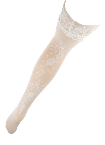 Ladies Stunning Sexy Sheer Back Floral Print Wide Lace Top Bridal Hold Ups Black White Or Ivory