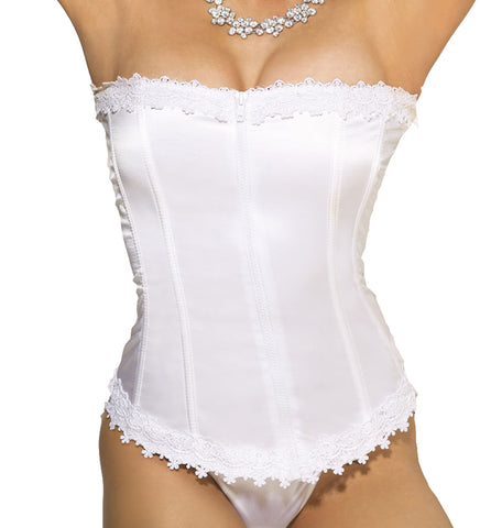 Ladies Fabulous Sexy Satin Stretchy Zip Up Floral Embroidered Lace Trim Strapless Corset