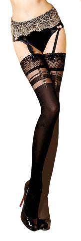 Ladies Black Sexy Semi Sheer Mock Suspender Gold Buckle Printed Lace Top Hold Ups