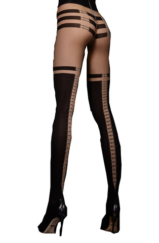 Hot Nude & Black Contrast Back Safety Pin Strap Lace Up Back Seam Print Black Tights