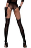 Ladies Elegant Semi Sheer Black Over Knee Mock Hold Up Swirly Grey Trim Print Back Seam Tights