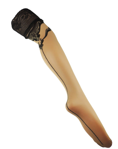 Ladies Gorgeous Nude & Black Contrast Fine Line Swirly Print Back Seam Lace Top Hold Ups