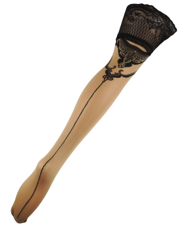 Ladies Gorgeous Nude & Black Contrast Fine Line Swirly Print Back Seam Lace Top Hold Ups