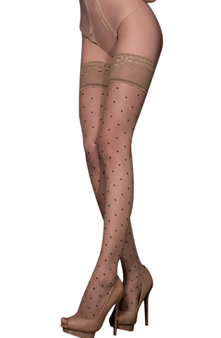 Ladies Gorgeous Nude Sheer Black Polka Dot Lace Embroidery Topped Hold Ups