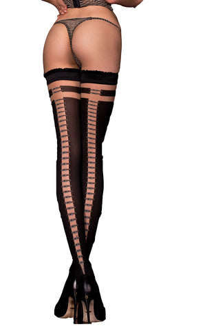 Ladies Gorgeous Black & Nude Lace Up Strap Buckle Back Seam Ruffle Top Hold Ups