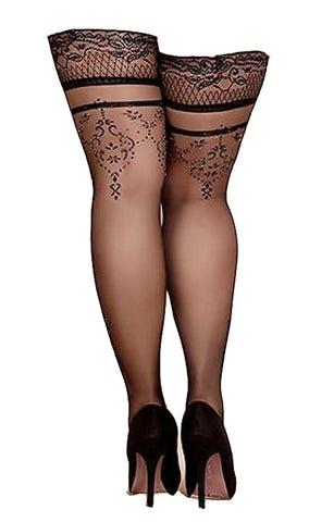 Ladies Stunning Plus Curvy Size Ladies Sparkly Black Sheer Swirly Floral Print Lace Top Hold Ups