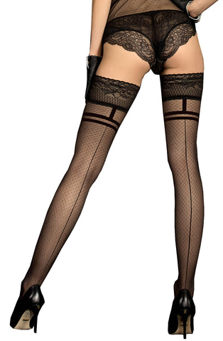 Beautiful Sheer Criss Cross Thin Black Seam Line Lace Topped Black Hold Ups
