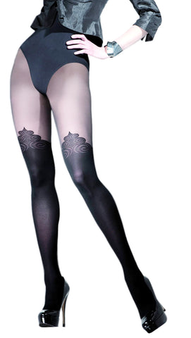 Ladies Charming Sexy Sheer Top & Black Opaque Block Swirl Knee Tights