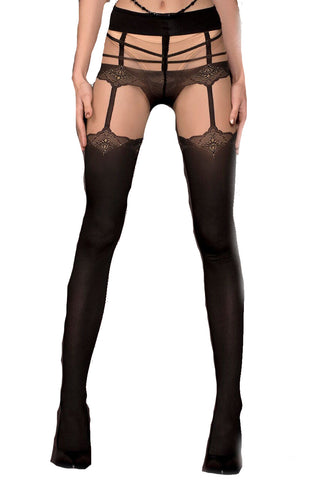 Ladies Charming Sexy Black & Nude Mock Suspender Hold Up Floral Lace Look Strappy Waist Tights