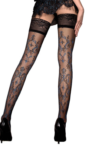 Ladies Stunning Sexy All Over Paisley Large Fleur De Lis Prints Lace Embroidery Top Grey Hold Ups