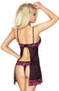 Ladies Elegant Sheer Black Tulle Gorgeous Pink Floral Embroidery Trim Underwired Bust Open Back Babydoll & Thong Set