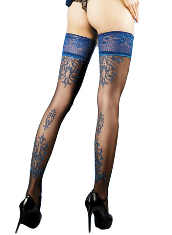 Ladies Stunning Blue Floral Embroidered Lace Top Back Swirls Black Hold Ups