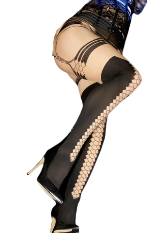 Ladies Fabulous Black Honeycomb Front Mock Hold Ups Tights