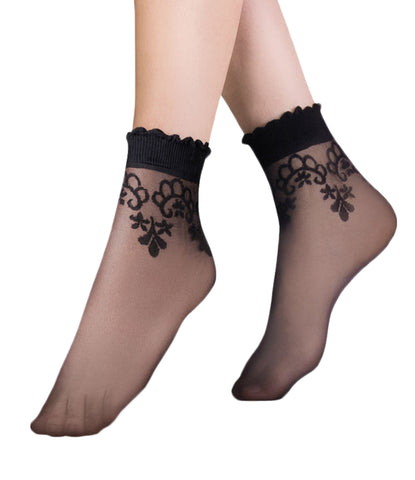 Beautiful Sheer Black Flower Motif Ruffled Ankle Socks - One Size