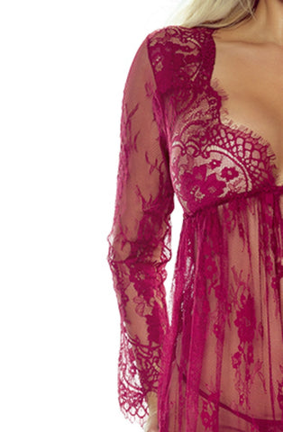 Ladies Lingerie Stunning Burgundy Sheer Mesh Floral Lace Low Cut Front Long Sleeves Robe & Thong Set